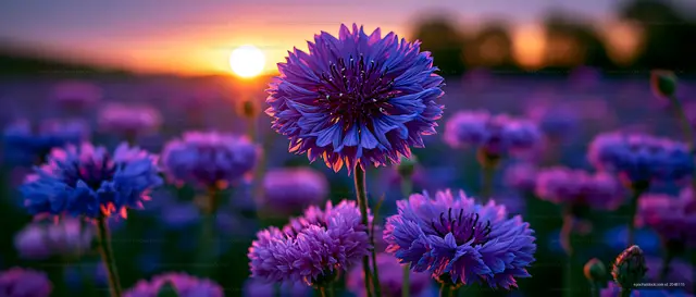 Vibrant purple flowers bloom at sunset in a field
