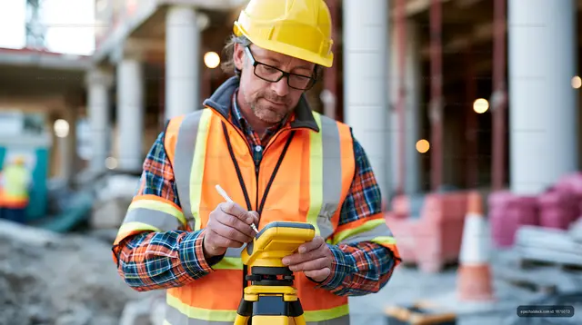 Construction worker using a surveying tool on a job site