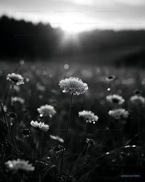 Black and white flowers in a field during sunset
