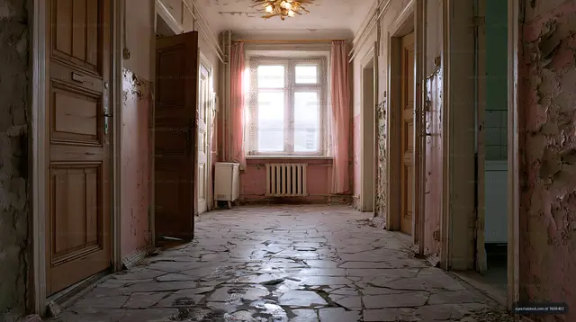 Abandoned hallway with cracked floor and peeling walls