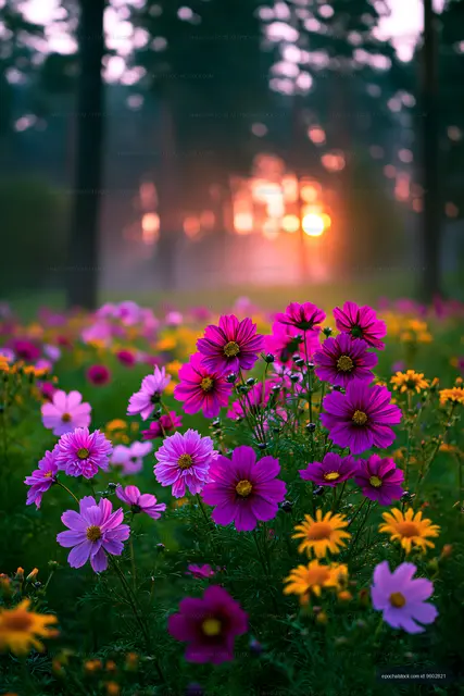 Colorful flowers bloom in a field during sunset