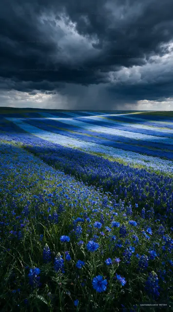 Blue flower field under dark clouds before rain