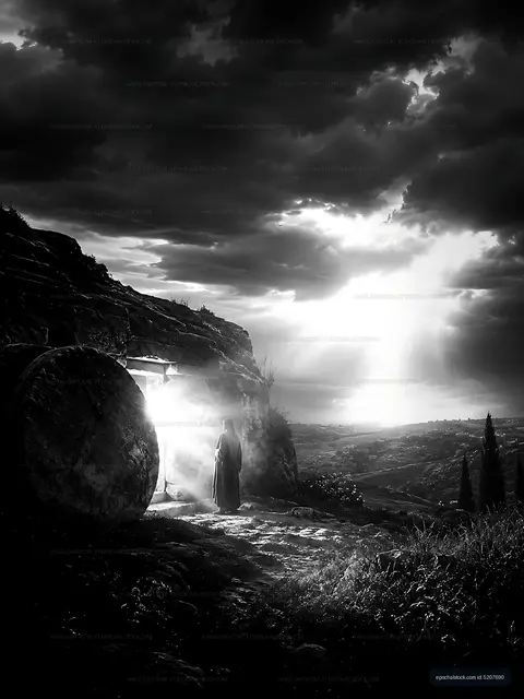 Mysterious figure near ancient stone doorway at dusk