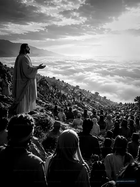 Man standing on a mountain with a crowd below during sunrise
