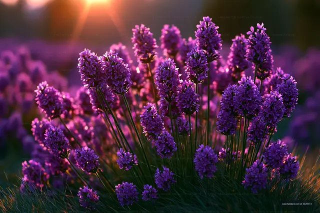 Lavender flowers bloom in sunlight at a field during sunset