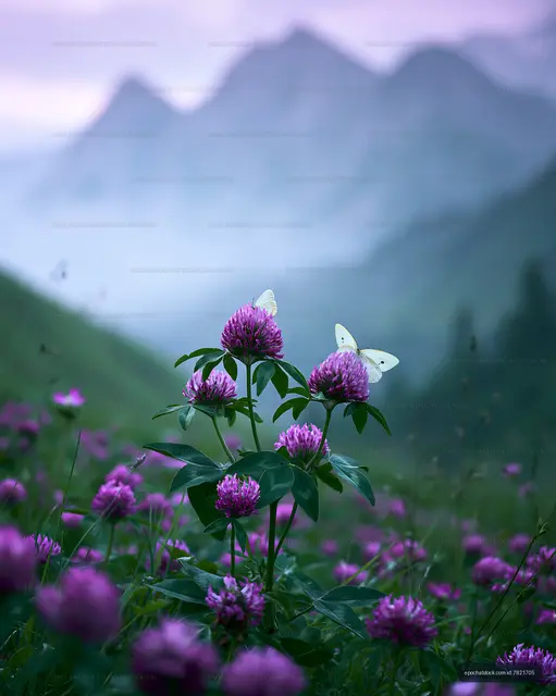 Butterflies on purple flowers in mountain landscape at dusk