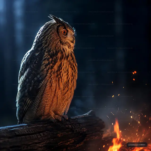 Owl sitting near glowing fire in dark forest