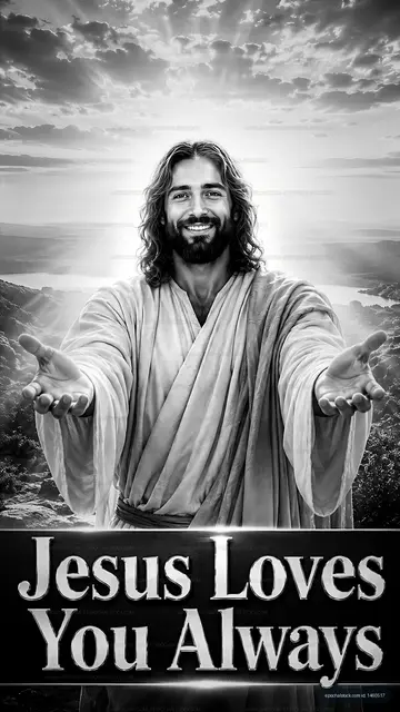 Jesus figure with outstretched arms and the phrase Jesus loves you