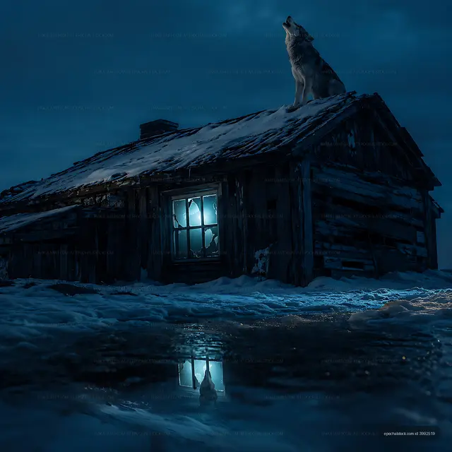 Wolf howls at night near an abandoned cabin in winter