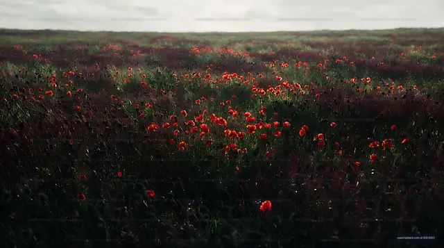 Field of red poppies under a cloudy sky