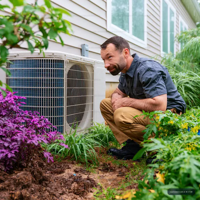 Worker inspecting outdoor air conditioning unit in garden