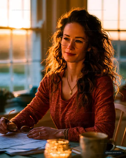 Woman sitting at a table during sunset looking thoughtful