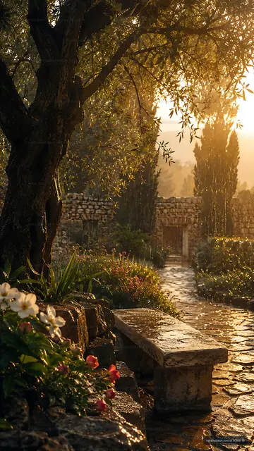 Sunset over garden path with flowers and stone bench