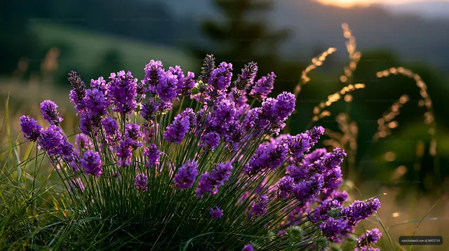 Lavender flowers in a field during sunset