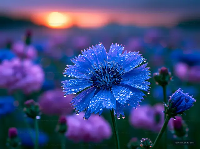 Blue flower with dew drops at sunset in a colorful field