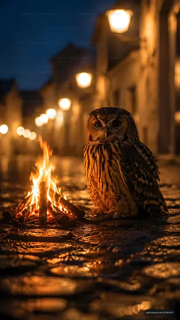 Owl sitting by a small fire in a dimly lit street at night
