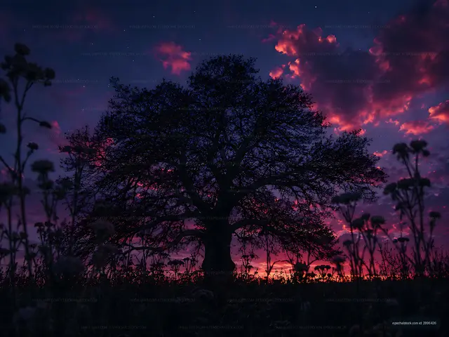 Silhouette of a tree against a colorful sunset sky
