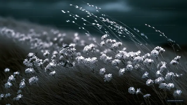 White flowers on a field with soft grass under cloudy sky