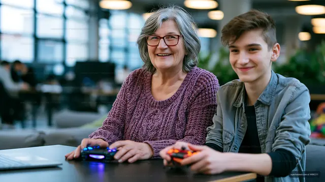 Grandmother and grandson playing video games in a modern cafe