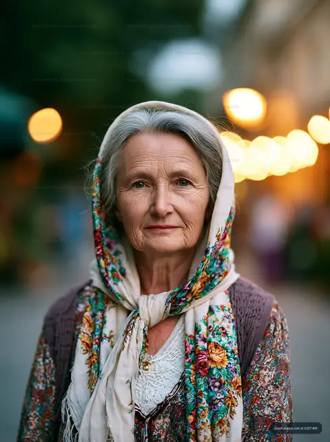 Elderly woman with scarf standing in outdoor market at dusk