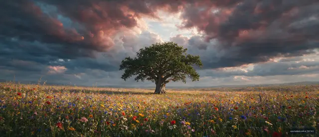 Lone tree in flower field under dramatic sky