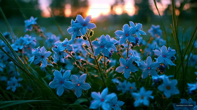 Blue flowers bloom in a field during sunset