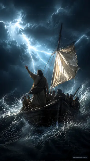 Stormy sea with a boat and figures during a thunderstorm