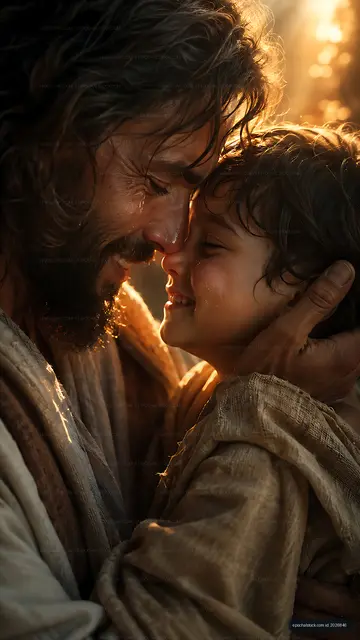 Father and child share a joyful moment in warm light