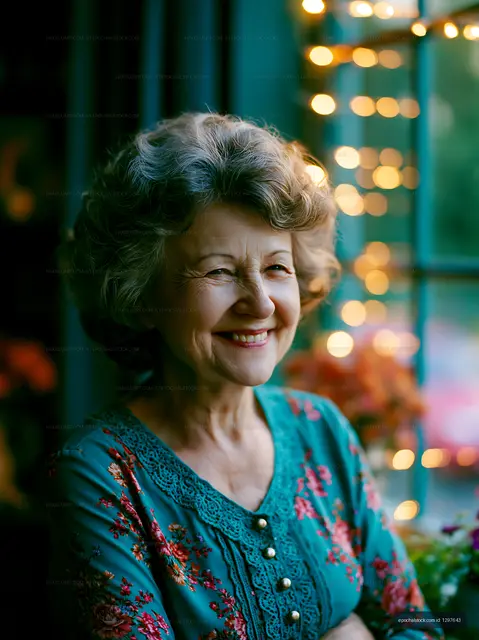 Smiling woman with curly hair by a window with fairy lights