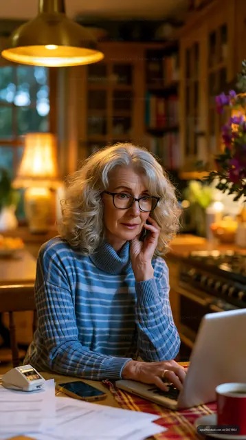 Older woman talking on phone while using laptop in kitchen