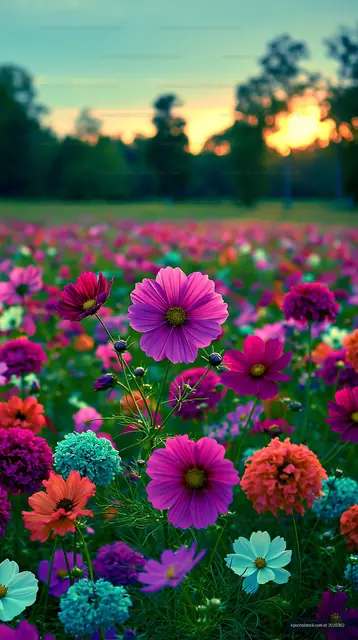 Vibrant flowers in a field during sunset
