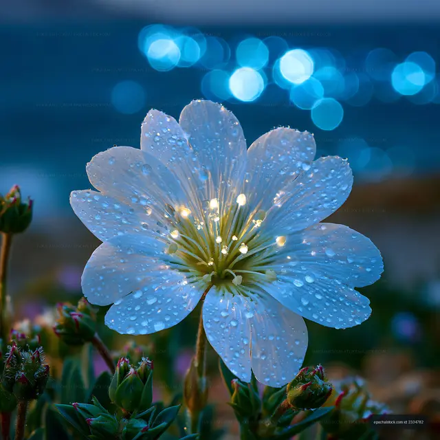 White flower with water droplets in front of blue water