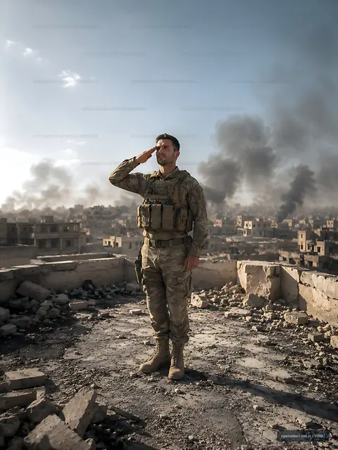 Soldier saluting on rooftop amidst smoke and destruction