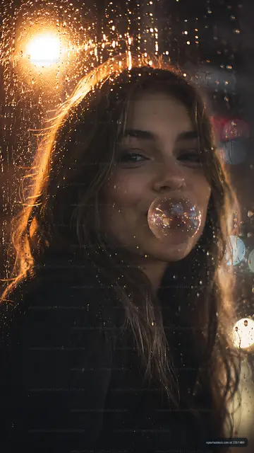 Close-up of a woman blowing a bubble against a rainy window