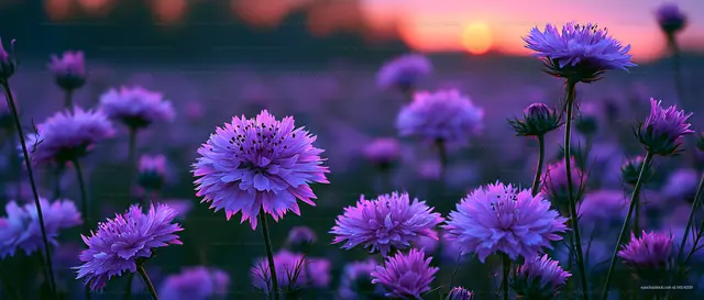 Colorful flowers bloom at sunset in a field