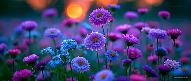 Vibrant flowers blooming in a field during sunset