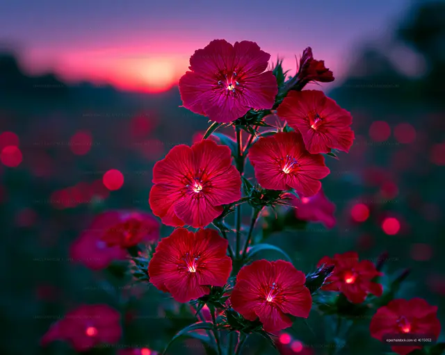 Red flowers bloom at sunset in a vibrant outdoor field