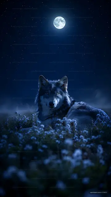 Wolf resting in a field under the full moon at night