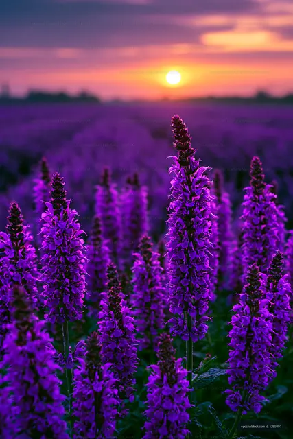 Fields of purple flowers at sunset near a rural landscape