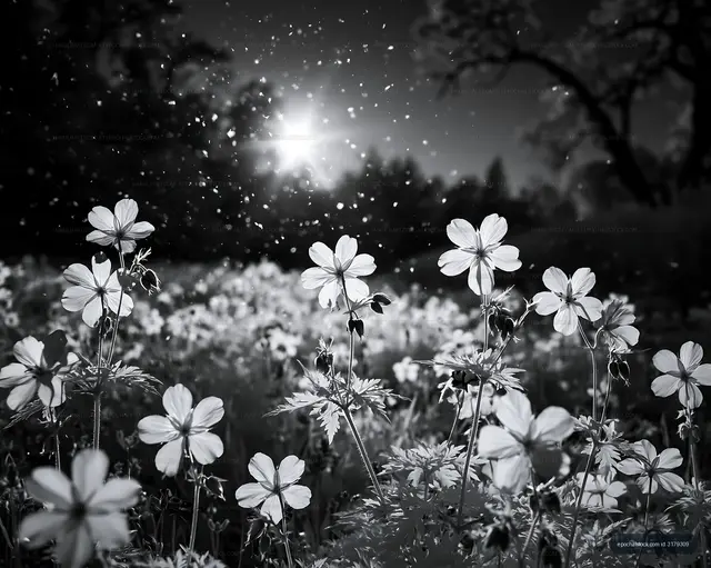 Black and white flowers with sunlight in a field at dusk