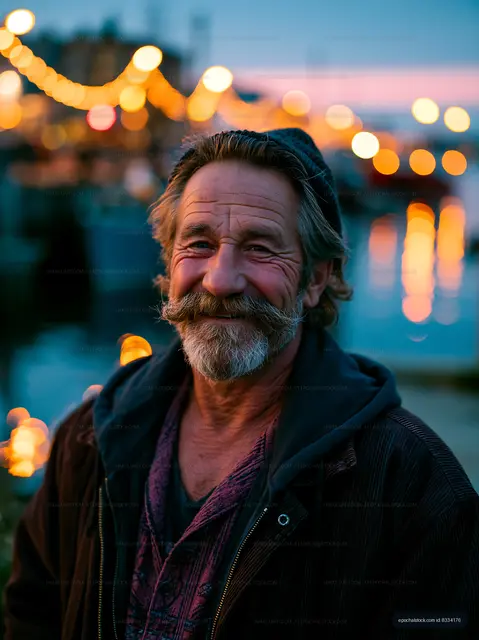 Man with a mustache smiling by the waterfront at dusk