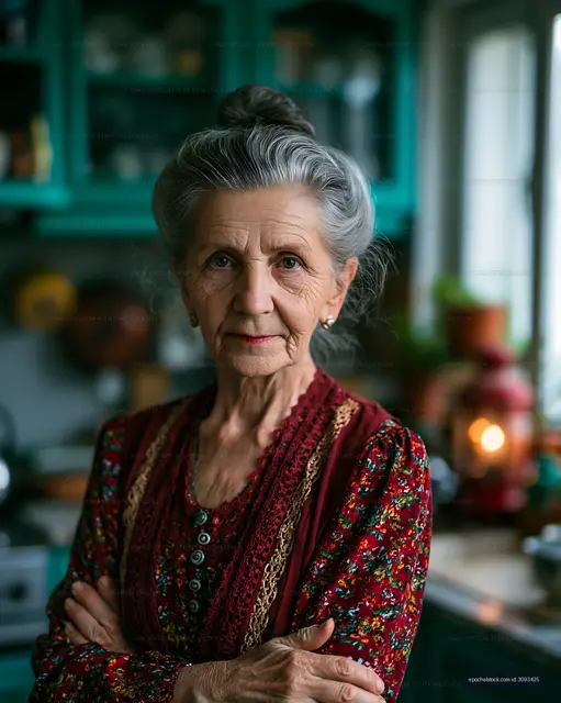 Elderly woman stands with arms crossed in a cozy kitchen setting