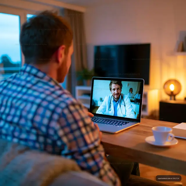 Man consulting a doctor through a laptop in a home setting