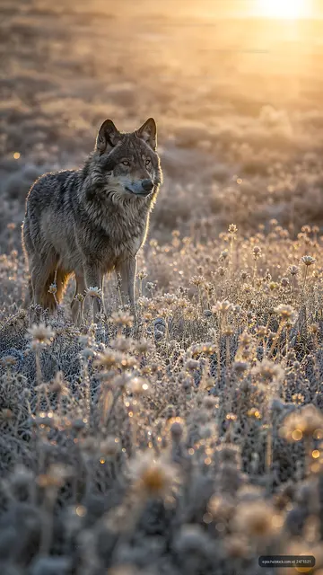 Wolf standing in a frosty field at sunset