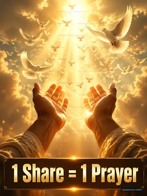 Hands reaching toward doves in a bright sky with text overlay