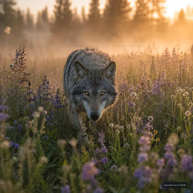 Wolf walking through a field of wildflowers at sunrise