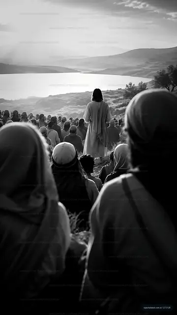 Speech by a leader in front of a large crowd near a lake