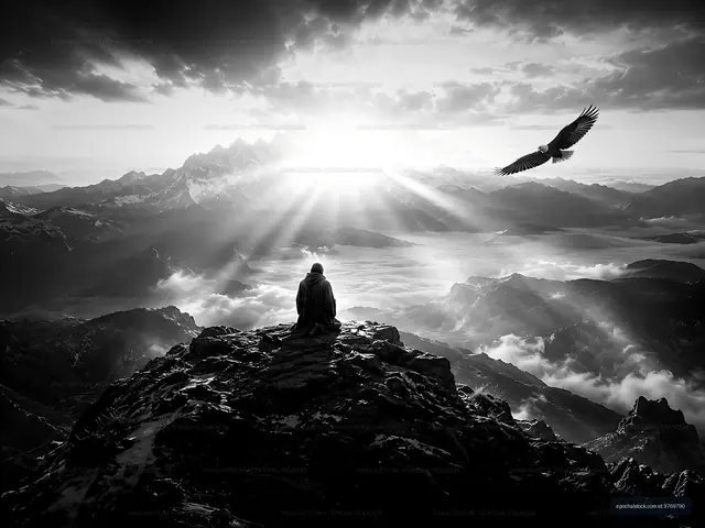 Person sitting on mountain top with eagle flying at sunrise
