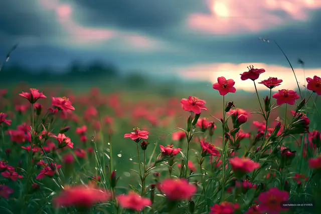 Vibrant red flowers blooming under a cloudy sky