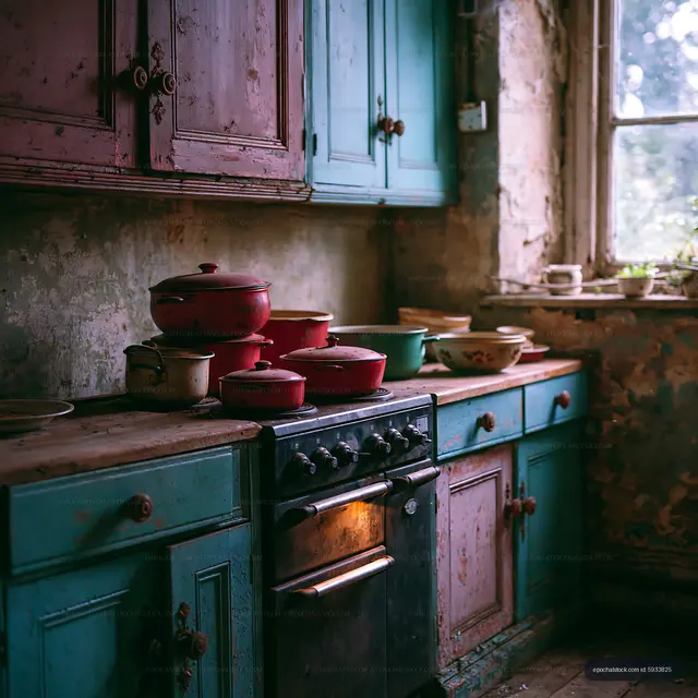 Vintage kitchen with colorful cabinets and cookware